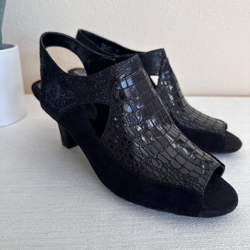 Aerosoles Faxsiom Animal Print Black Faux Suede Heeled Sandals Women’s 8.5M